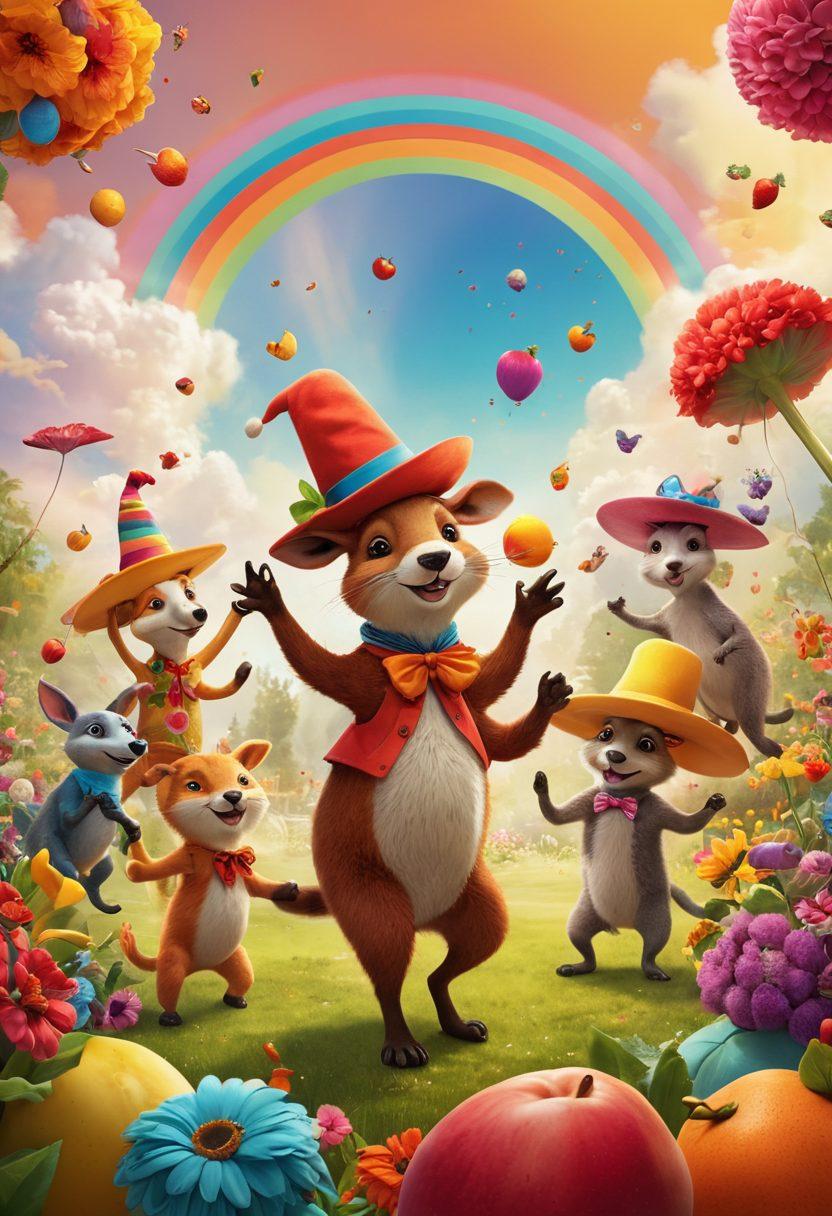 A whimsical scene featuring a cheerful group of anthropomorphic animals, each engaging in quirky activities that bring joy, such as dancing with oversized flowers, juggling colorful fruits, and wearing silly hats. Bright, vibrant colors dominate the image, creating a playful atmosphere, with a sunny backdrop filled with fluffy clouds and a rainbow. Emphasize a sense of fun and laughter in the expressions of the characters. cartoonish style. vibrant colors. playful. cheerful atmosphere.