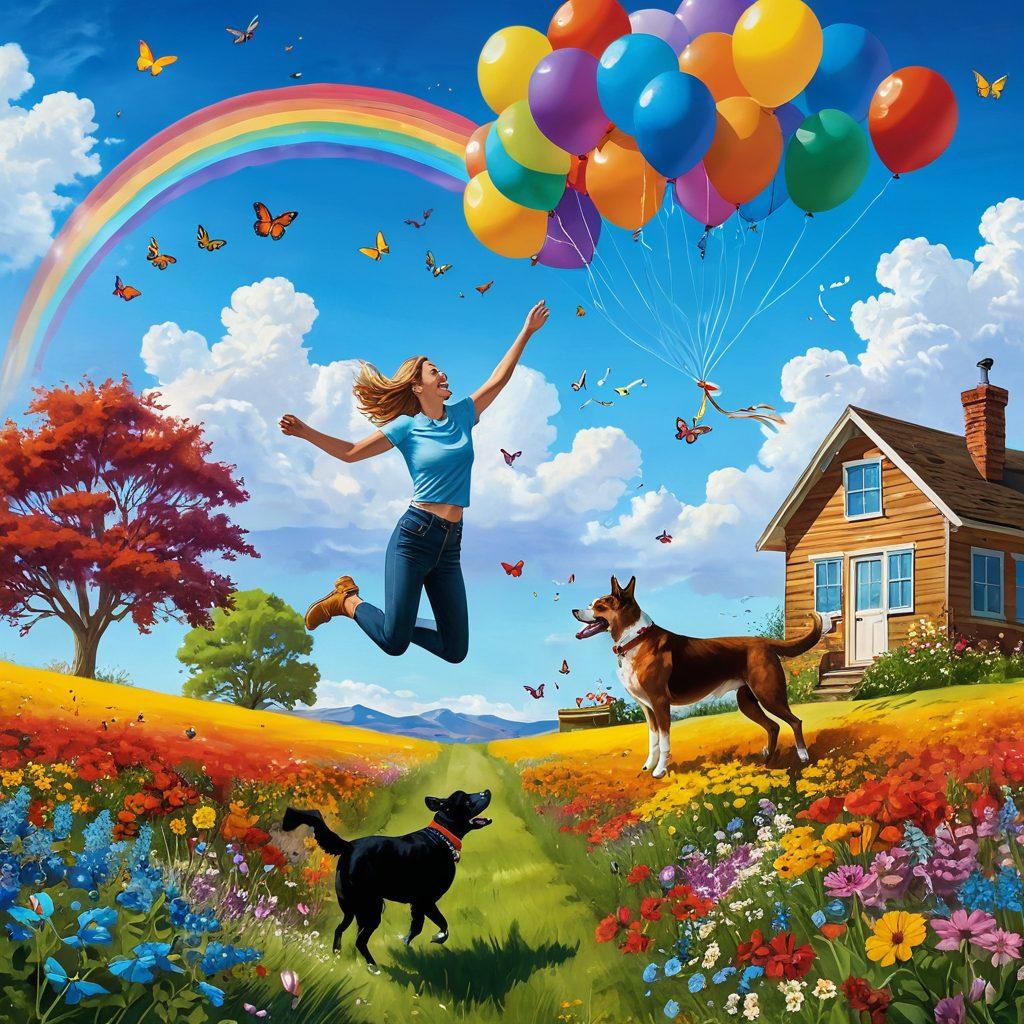 A whimsical scene depicting a collection of happy moments, including a person jumping with joy in a field of colorful wildflowers, a dog playfully chasing butterflies, and a cozy coffee shop with people laughing. Include vibrant balloons floating in the air, and a rainbow arcing across a bright blue sky. The atmosphere should radiate warmth and positivity. vibrant colors. illustration.