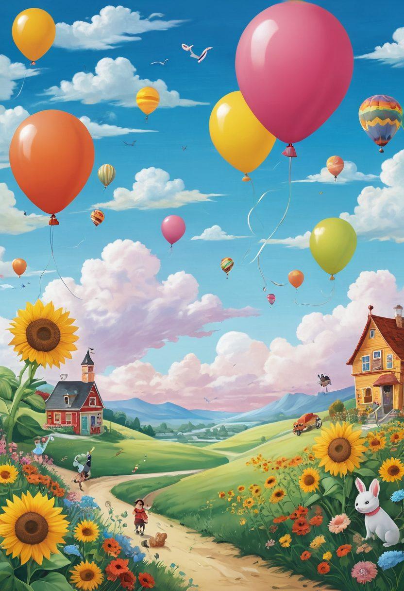 A whimsical landscape depicting a transformation from silly to sublime, featuring playful, colorful characters engaging in joyful activities like jumping on clouds and dancing with oversized balloons. Include bright sunflowers and playful animals, creating a sense of elation and fun. The background should gradually shift from a chaotic, messy side to a calm and serene side with pastel skies and gentle waves. cartoonish style. vibrant colors. playful atmosphere.
